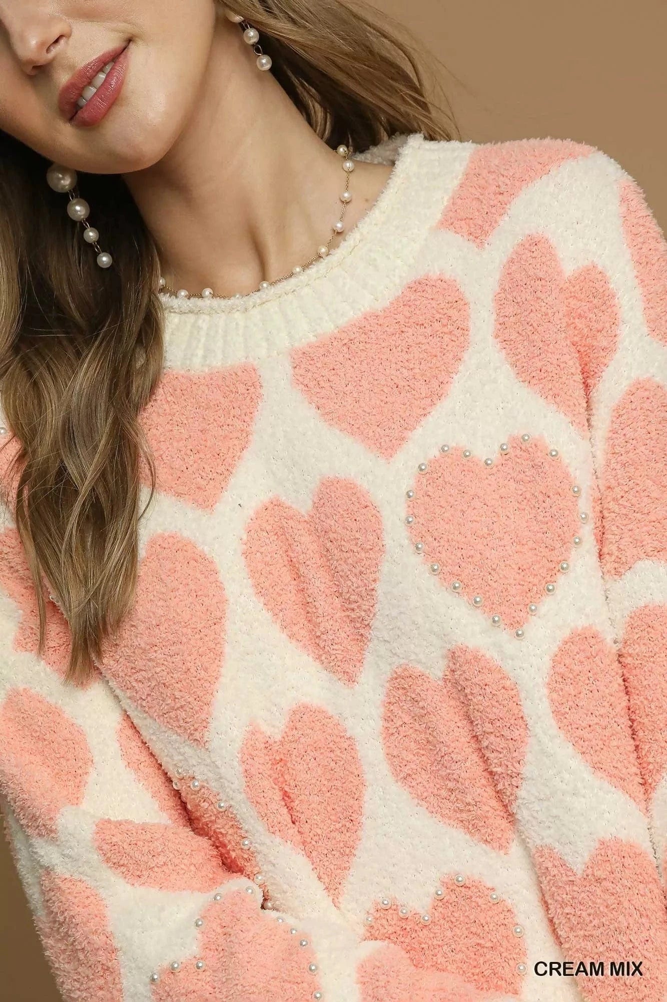 Umgee Knit Tops Umgee Mix Heart Pattern Pearl Accent Sweater