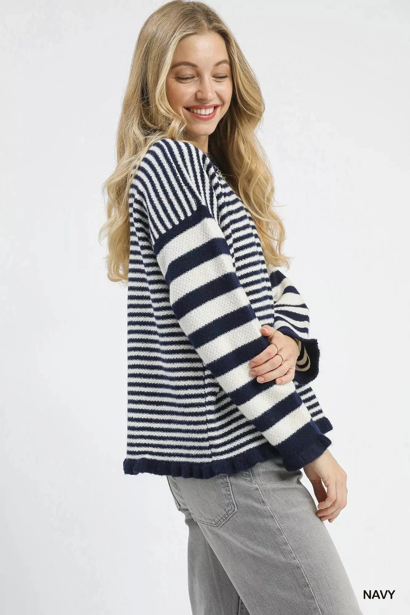 Umgee Knit Tops Umgee Ruffle Neck Stripe Sweater