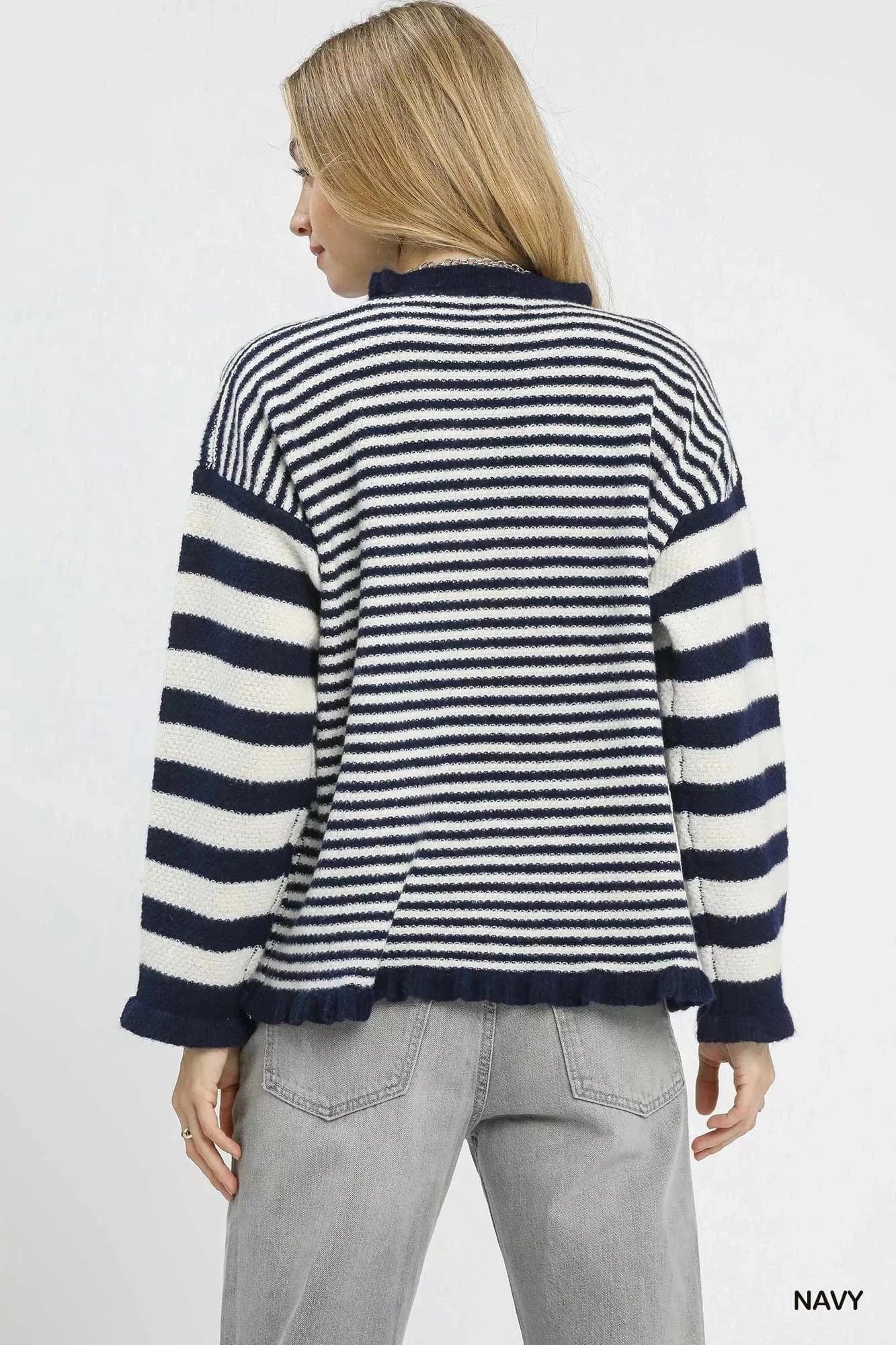 Umgee Knit Tops Umgee Ruffle Neck Stripe Sweater