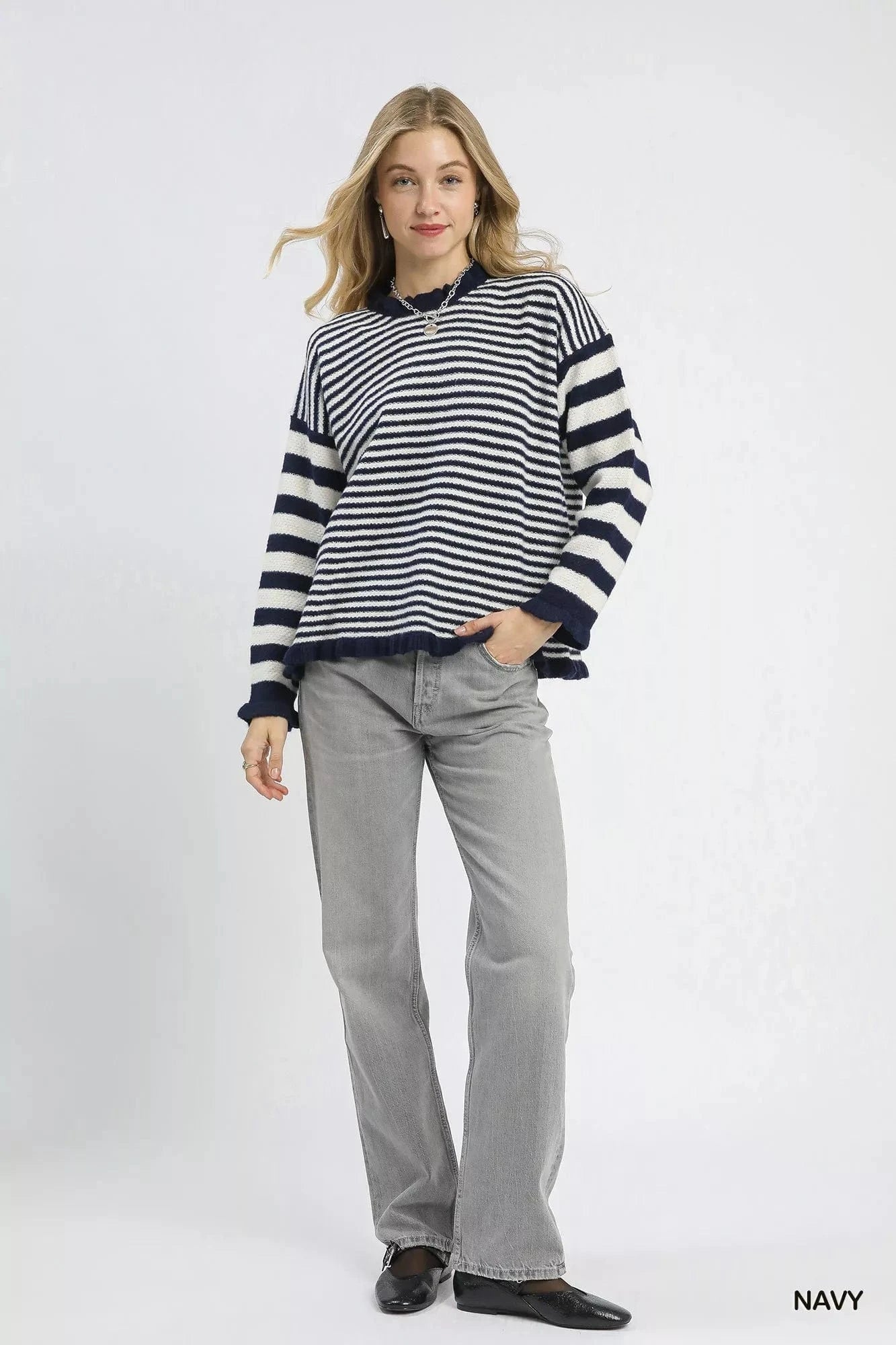 Umgee Knit Tops Umgee Ruffle Neck Stripe Sweater