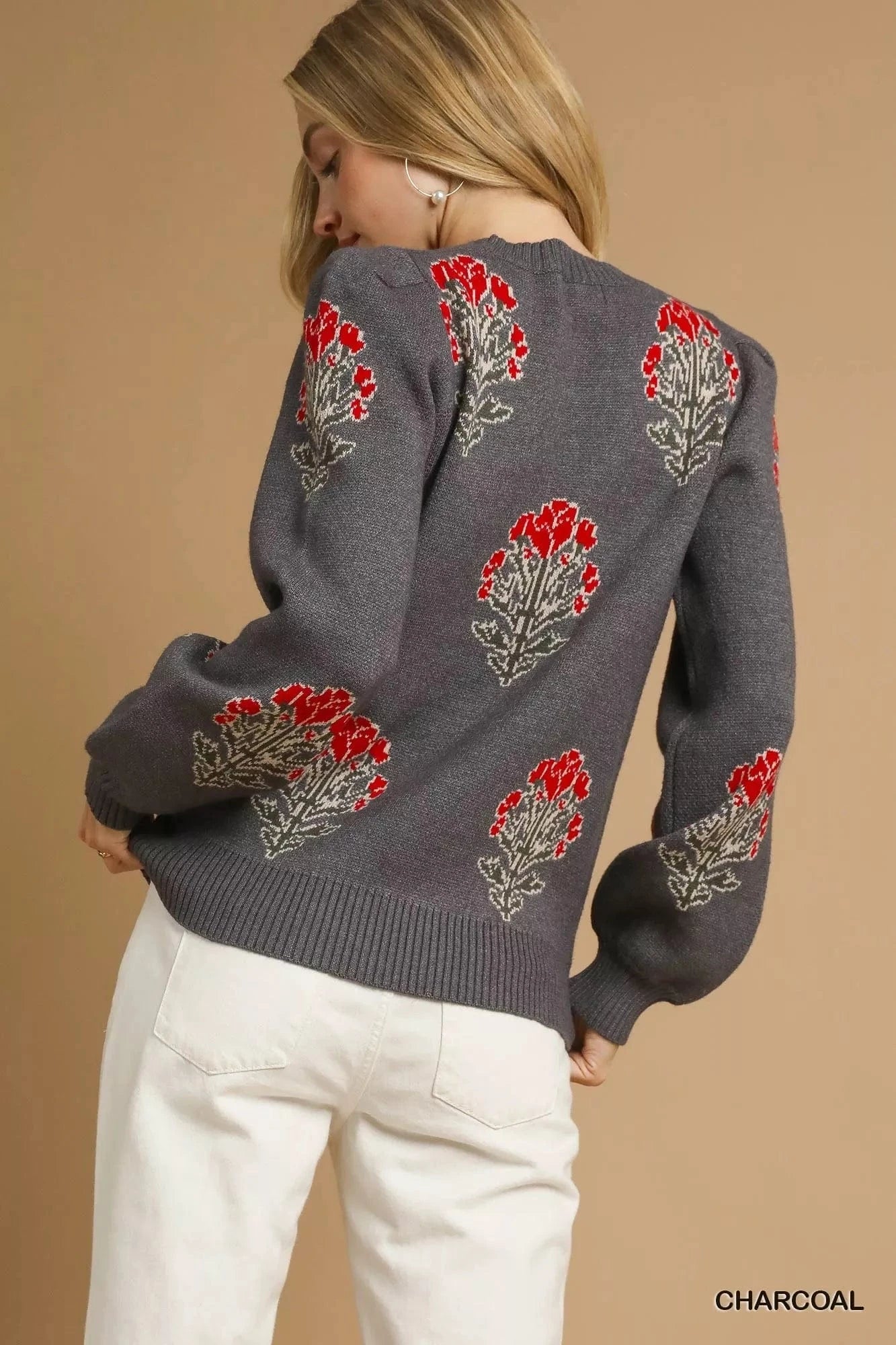 Umgee Knit Tops Umgee Single Flower Stem Jacquard Sweater