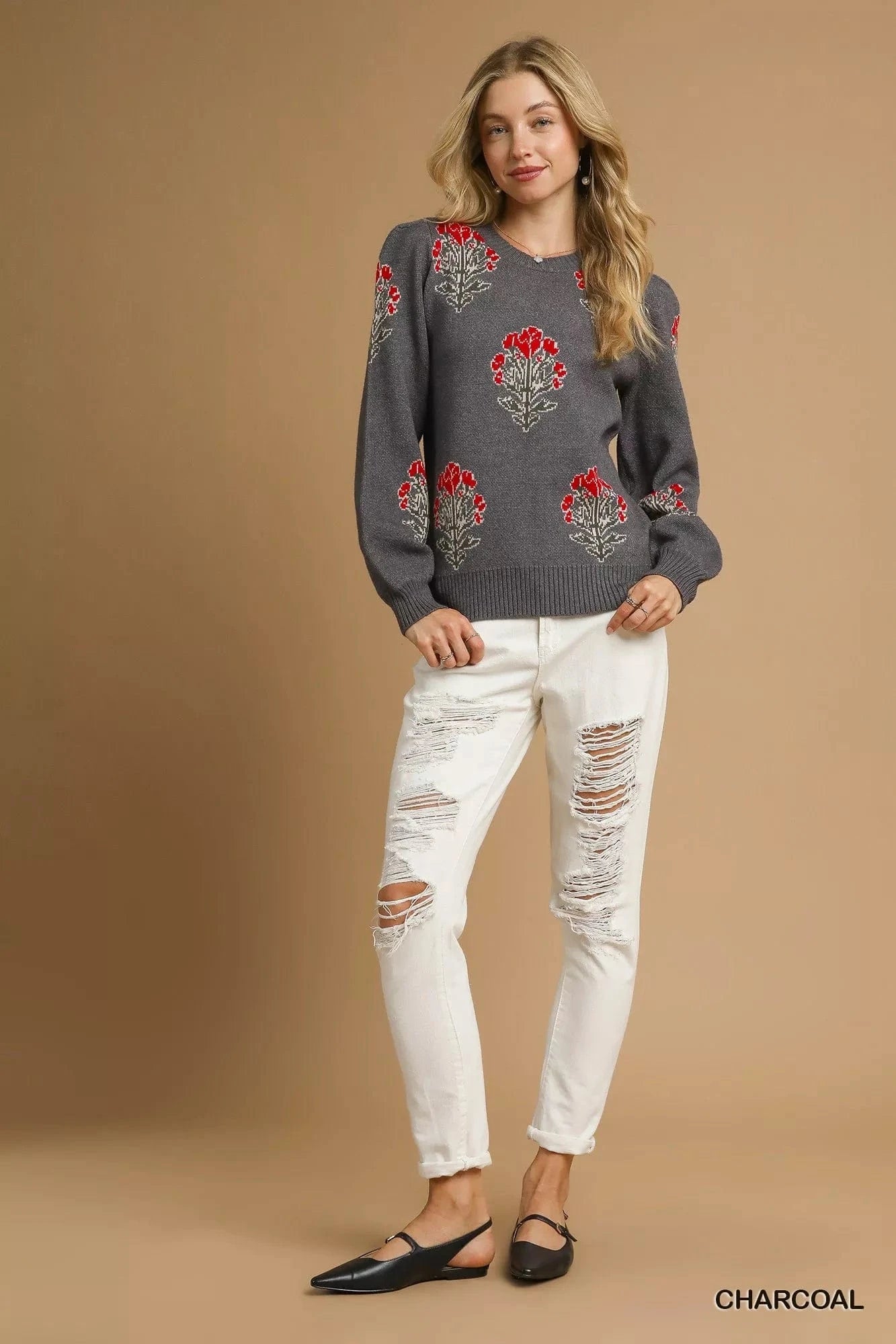 Umgee Knit Tops Umgee Single Flower Stem Jacquard Sweater