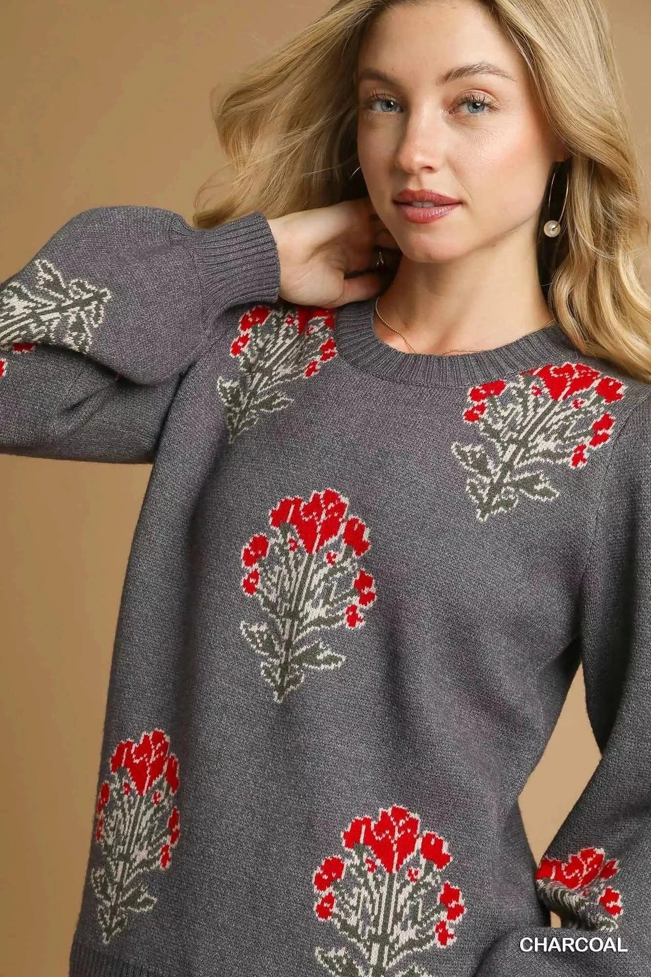 Umgee Knit Tops Umgee Single Flower Stem Jacquard Sweater
