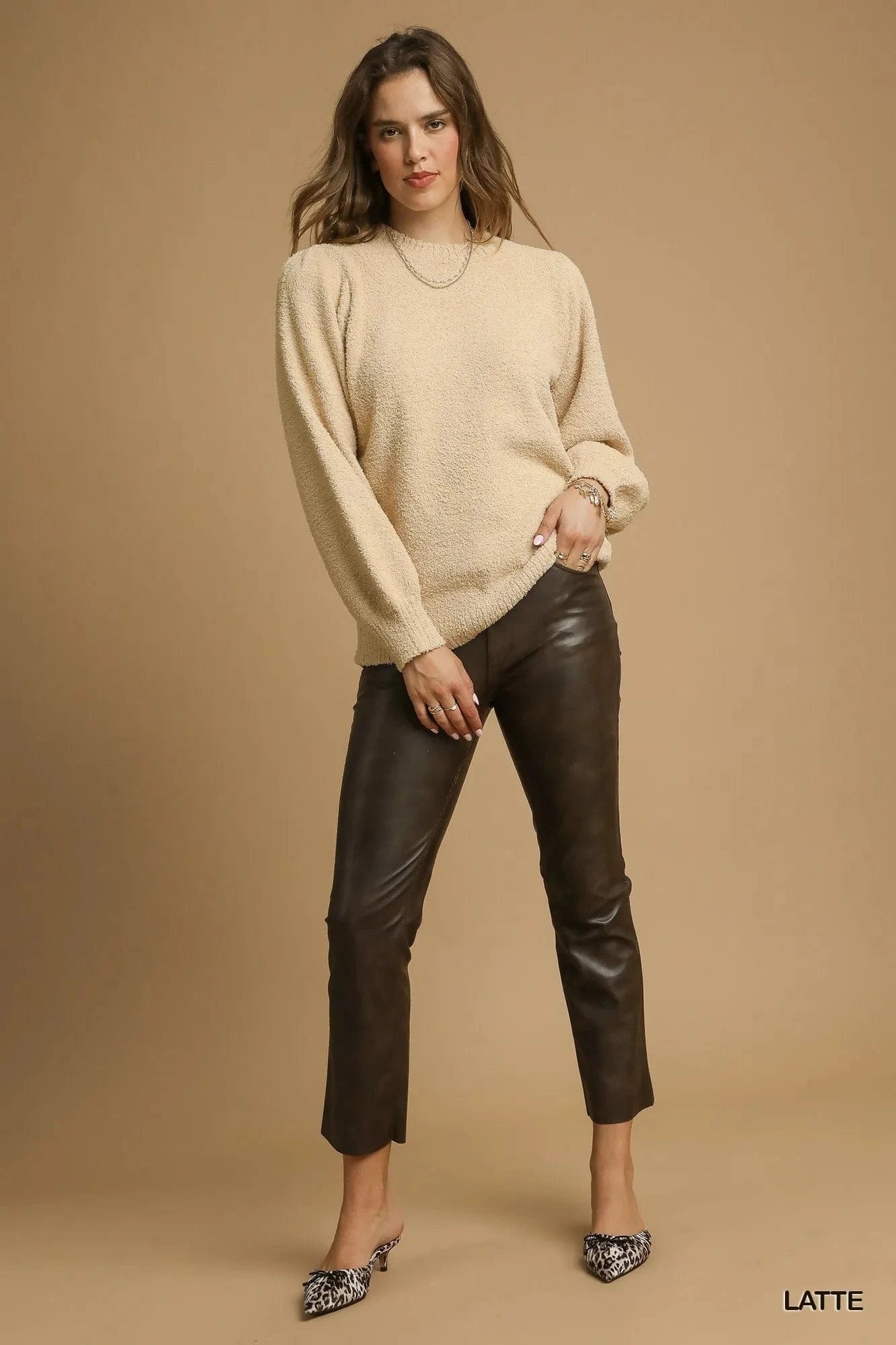 Umgee Knit Tops Umgee Textured Long Sleeve Sweater with Ribbed Trim