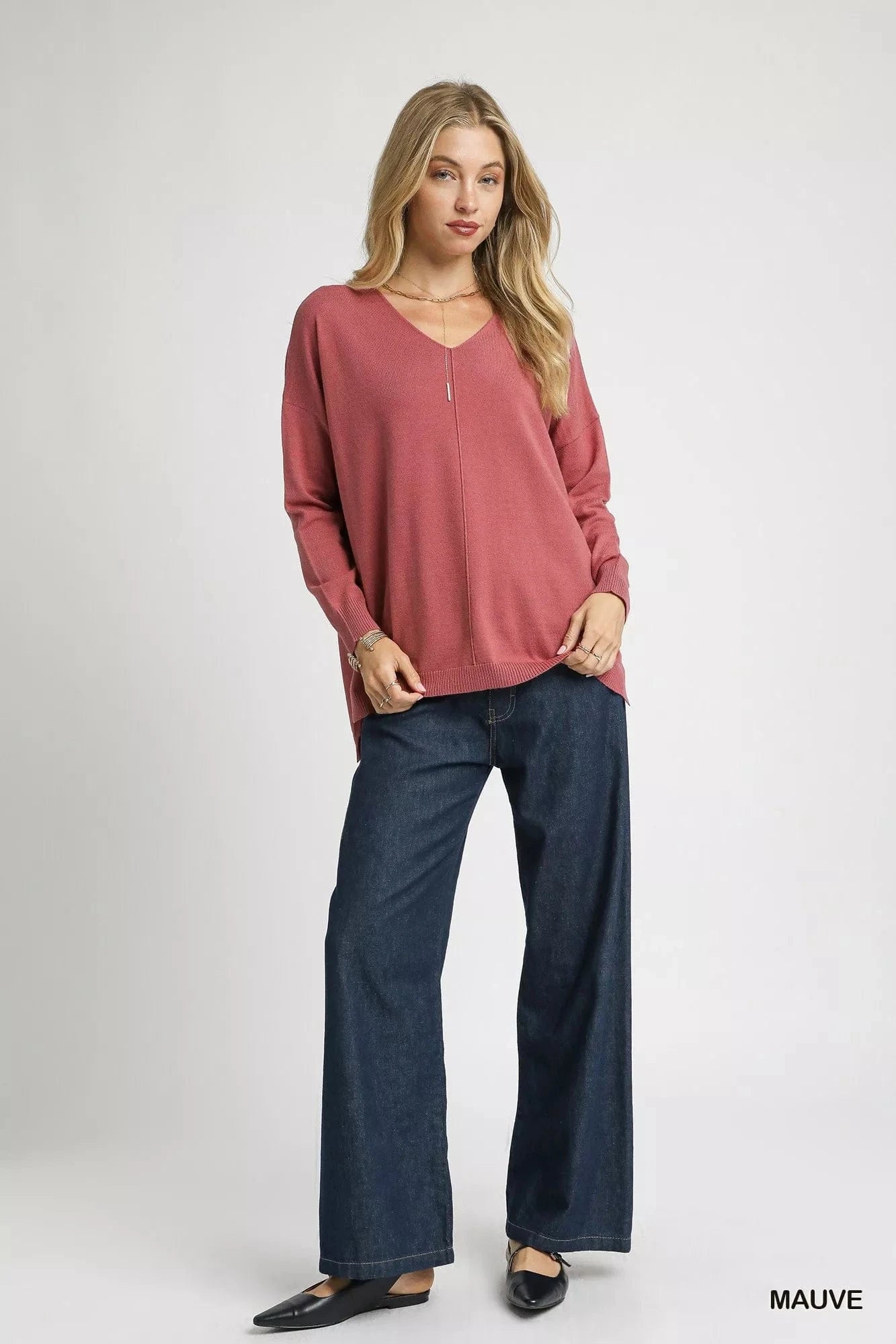 Umgee Knit Tops Umgee V-Neck High Low Hem Knit Top with Side Slit