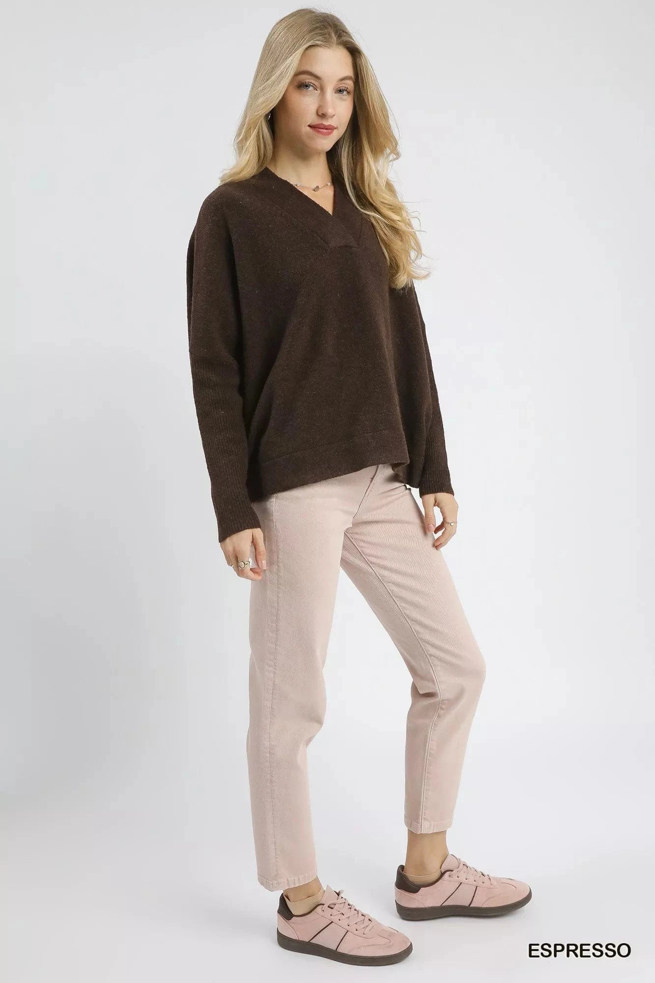 Umgee Knit Tops Umgee V-Neck Sweater with Wide Trim Detail