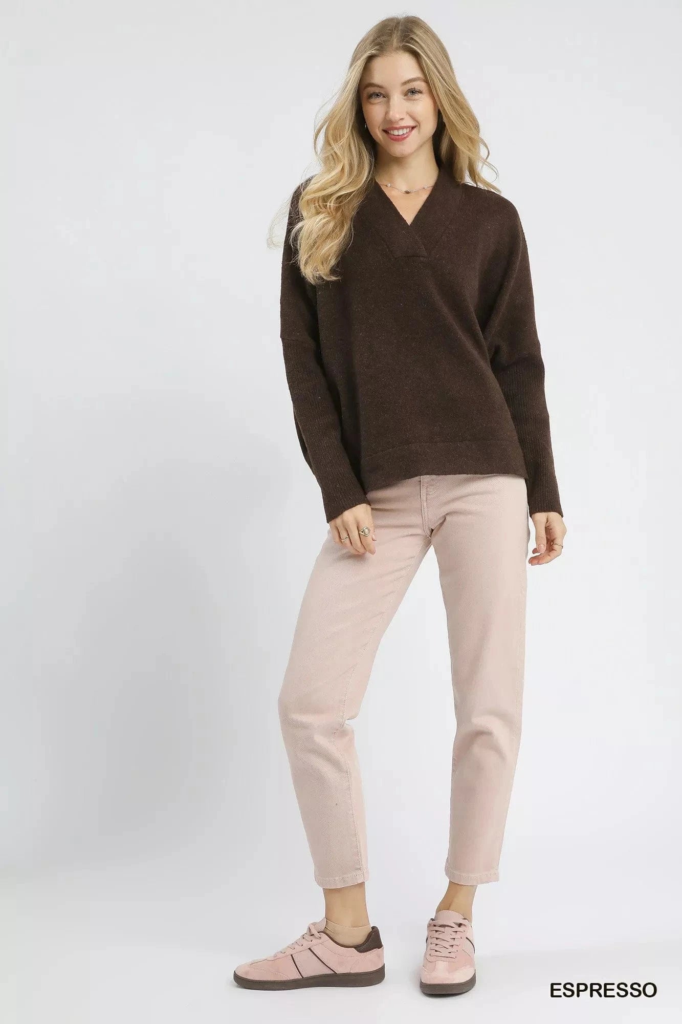 Umgee Knit Tops Umgee V-Neck Sweater with Wide Trim Detail