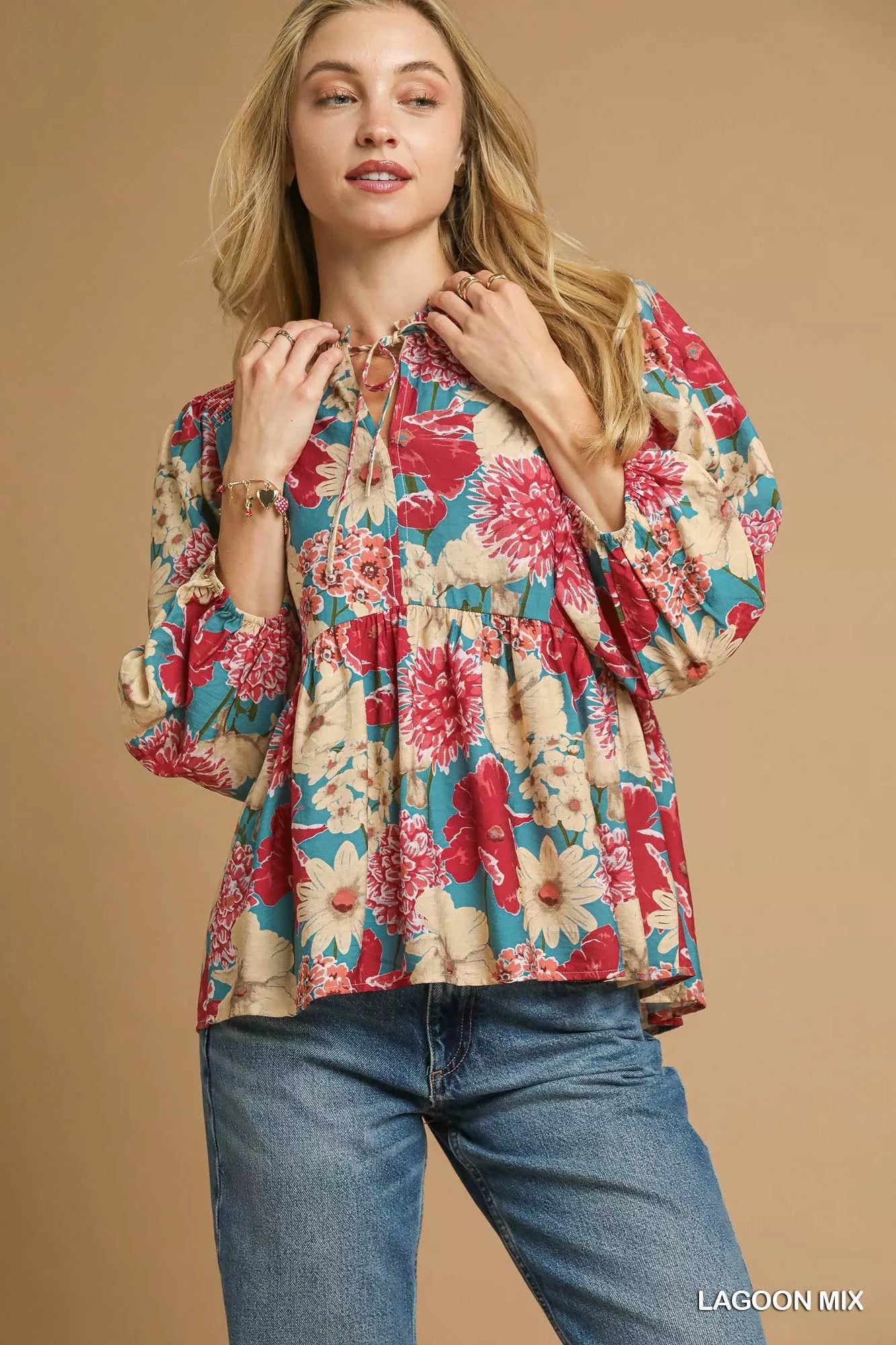 Umgee LAGOON MIX / S Umgee Mix Floral Peplum Blouse with Tie Neck