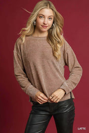 Umgee LATTE / XS Umgee Round Neck Long Sleeve Side Slit Top