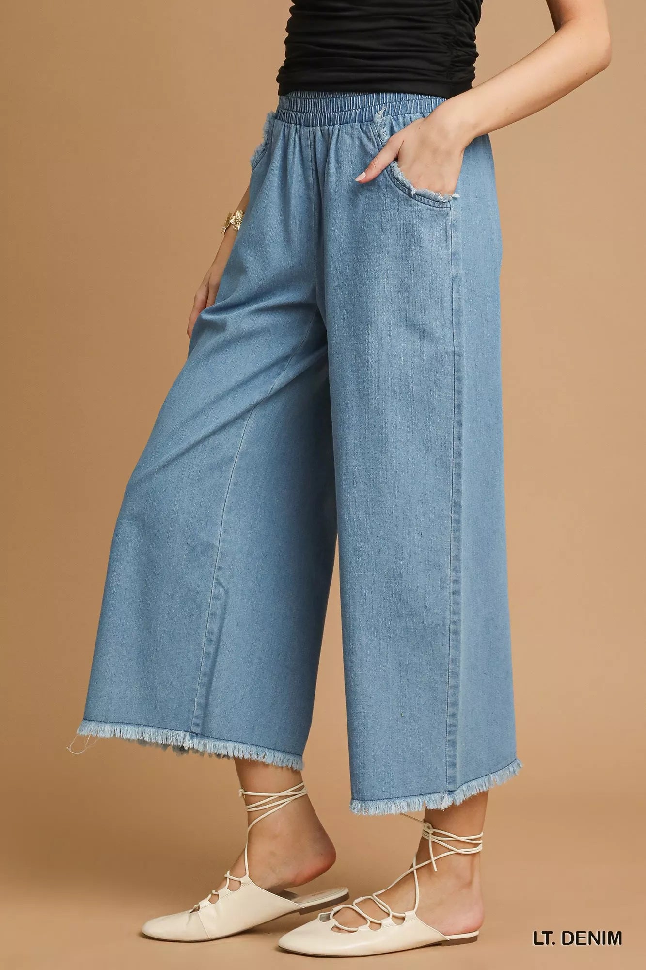 Umgee LT. DENIM / S Umgee Washed Fringe Hem Wide Leg Jeans