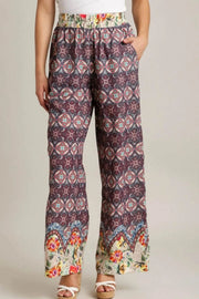 Umgee MAROON MIX / S Umgee Full Size Mixed Print Elastic Waistband Pants Plus Size