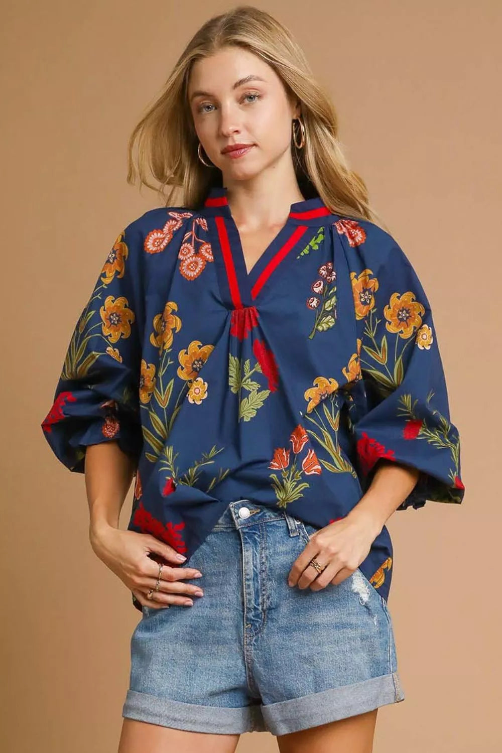 Umgee MIDNIGHT MIX / S Umgee Floral Print Flounce Sleeve Blouse
