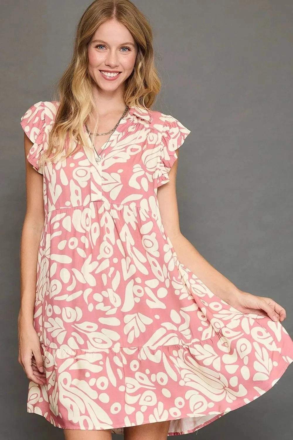 Umgee Mini Dresses Blush Pink / S Umgee Full Size Two Tone Printed Ruffled Cap Sleeve Mini Dress Plus Size