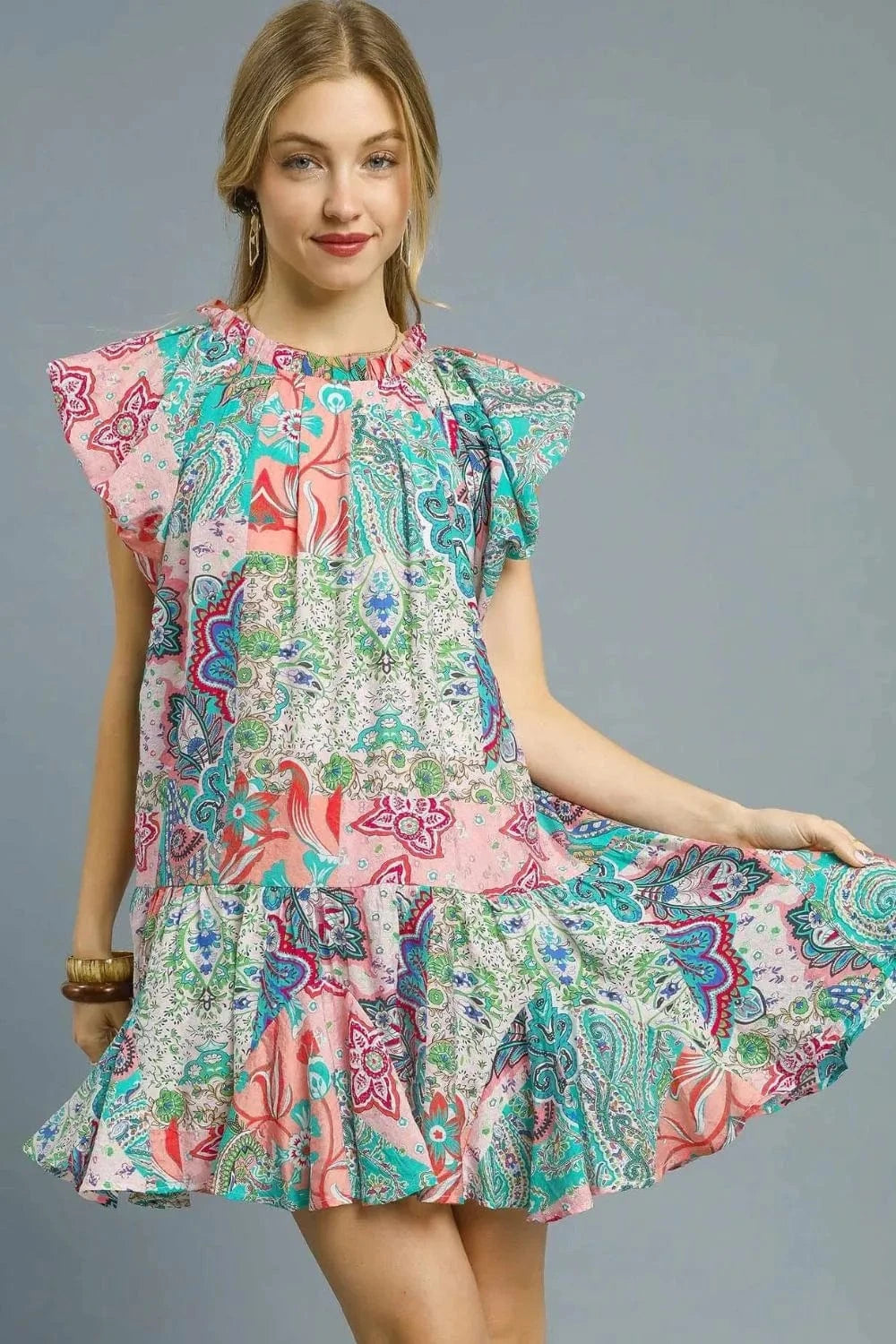 Umgee Mini Dresses Blush Pink / S Umgee Printed Ruffle Cap Sleeve Mini Dress