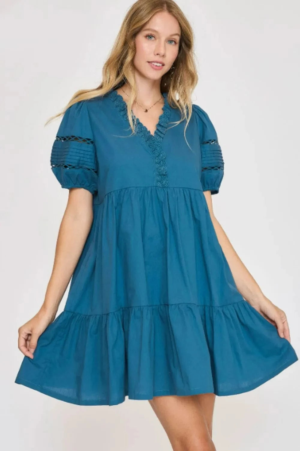 Umgee Mini Dresses Cerulean / S Umgee USA Full Size Lace Detail Puff Sleeve Mini Dress Plus Size
