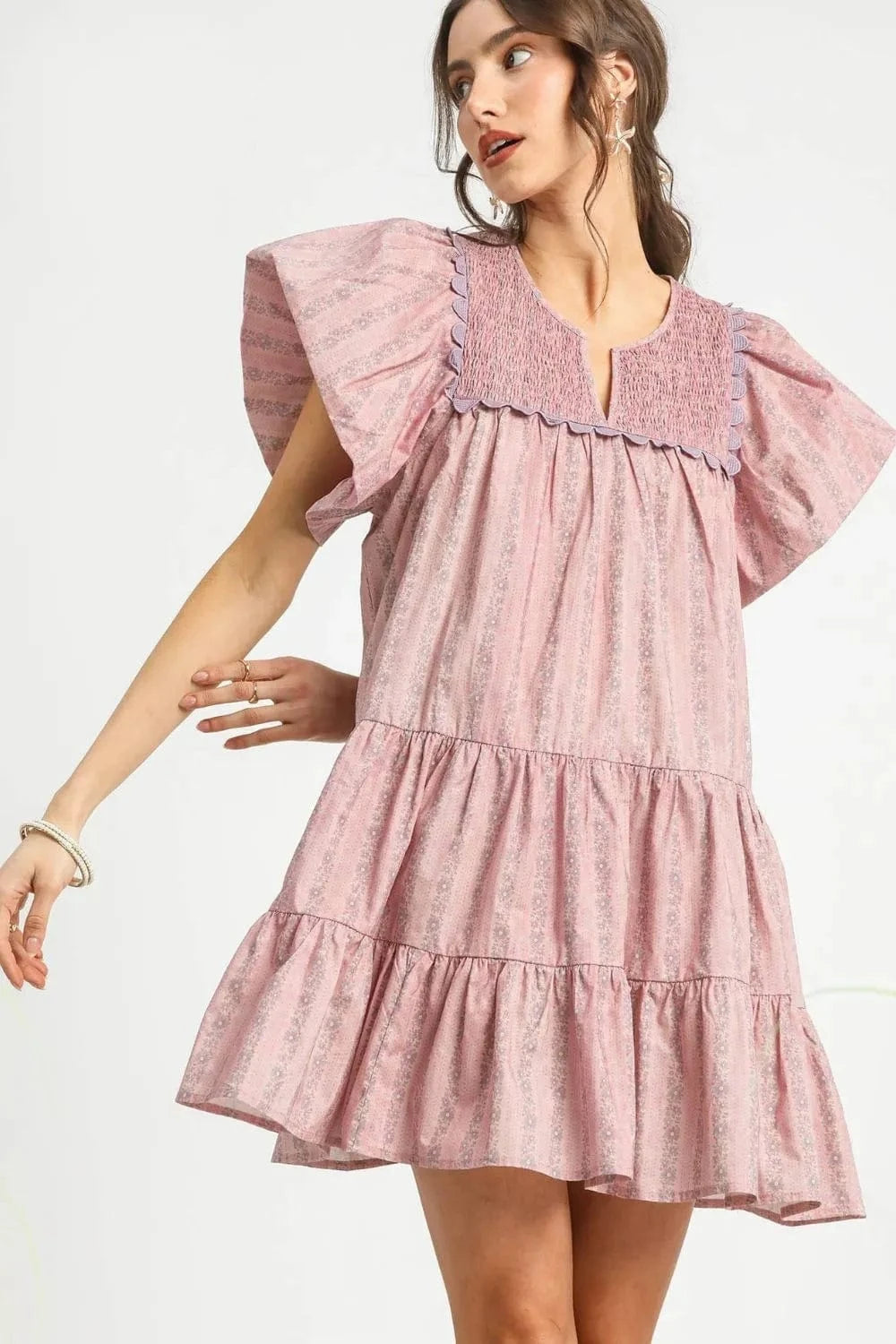 Umgee Mini Dresses Dusty Pink / S Umgee Floral Ruffled Cap Sleeve Tiered Mini Dress