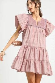 Umgee Mini Dresses Dusty Pink / S Umgee Floral Ruffled Cap Sleeve Tiered Mini Dress