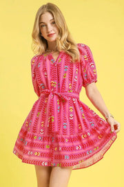 Umgee Mini Dresses Hot Pink / S Umgee Printed Tie Waist Puff Short Sleeve Mini Dress