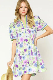 Umgee Mini Dresses Light Green / S Umgee Floral Print Short Puff Sleeve Mini Dress