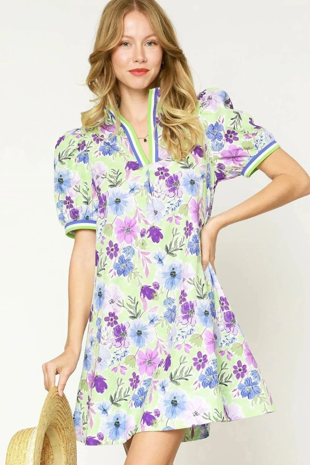 Umgee Mini Dresses Light Green / S Umgee Floral Print Short Puff Sleeve Mini Dress