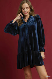 Umgee Mini Dresses Navy / S Umgee Velvet Ruffle Trim Mini Dress