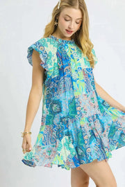 Umgee Mini Dresses Neon Green / S Umgee Printed Ruffle Cap Sleeve Mini Dress