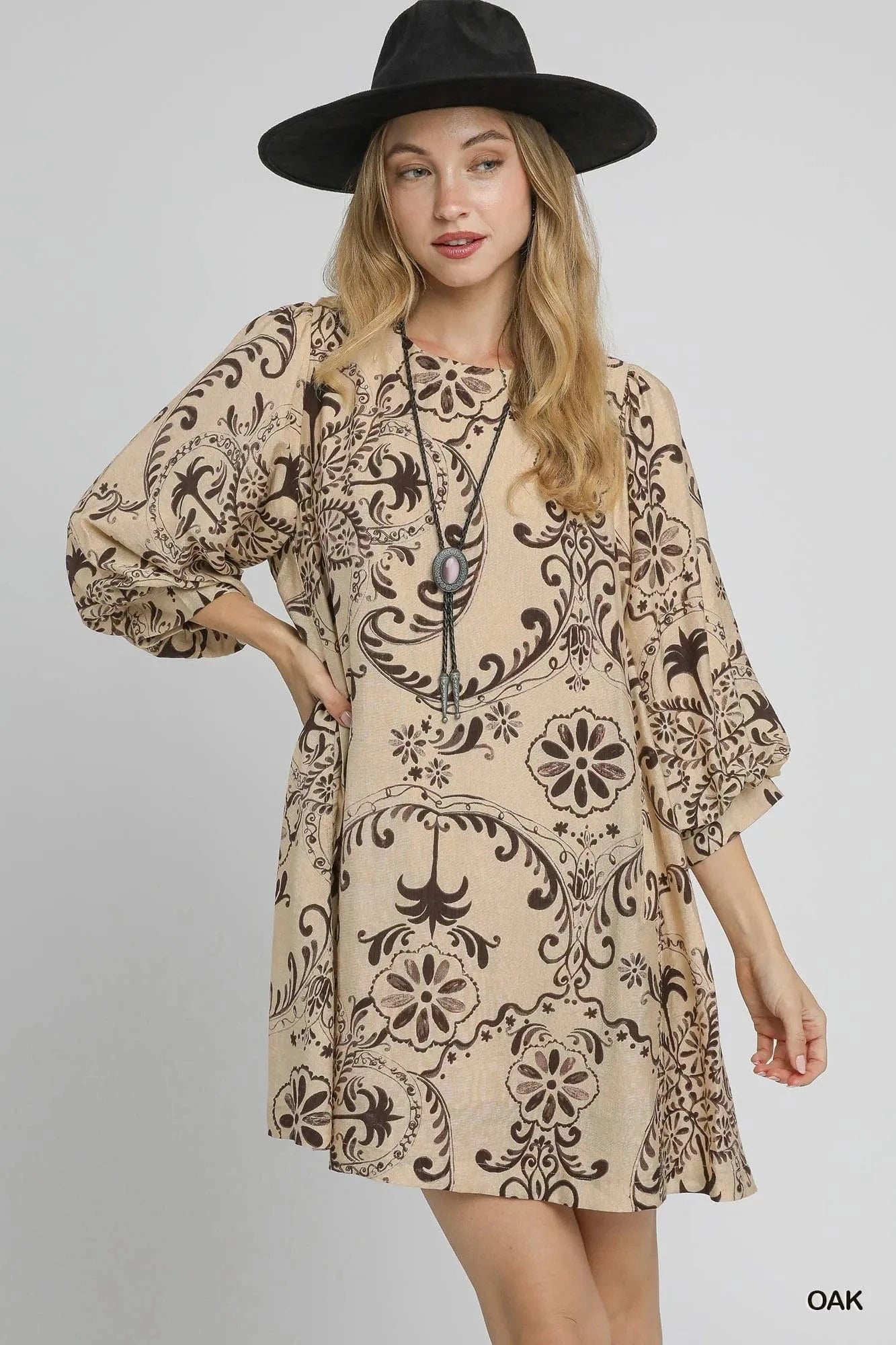 Umgee Mini Dresses OAK / S Umgee Boho Printed Balloon Sleeve Mini Dress