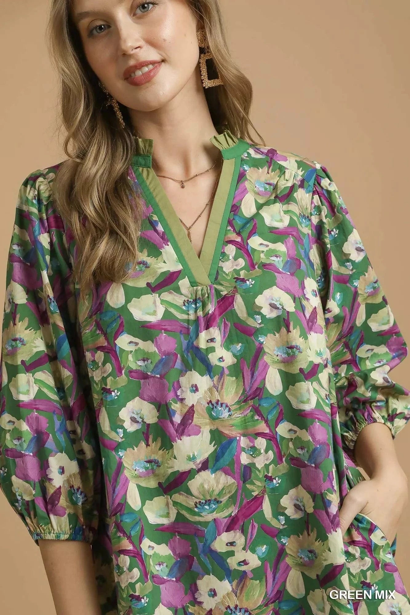 Umgee Mini Dresses Umgee Boho Floral Balloon Sleeve Mini Dress