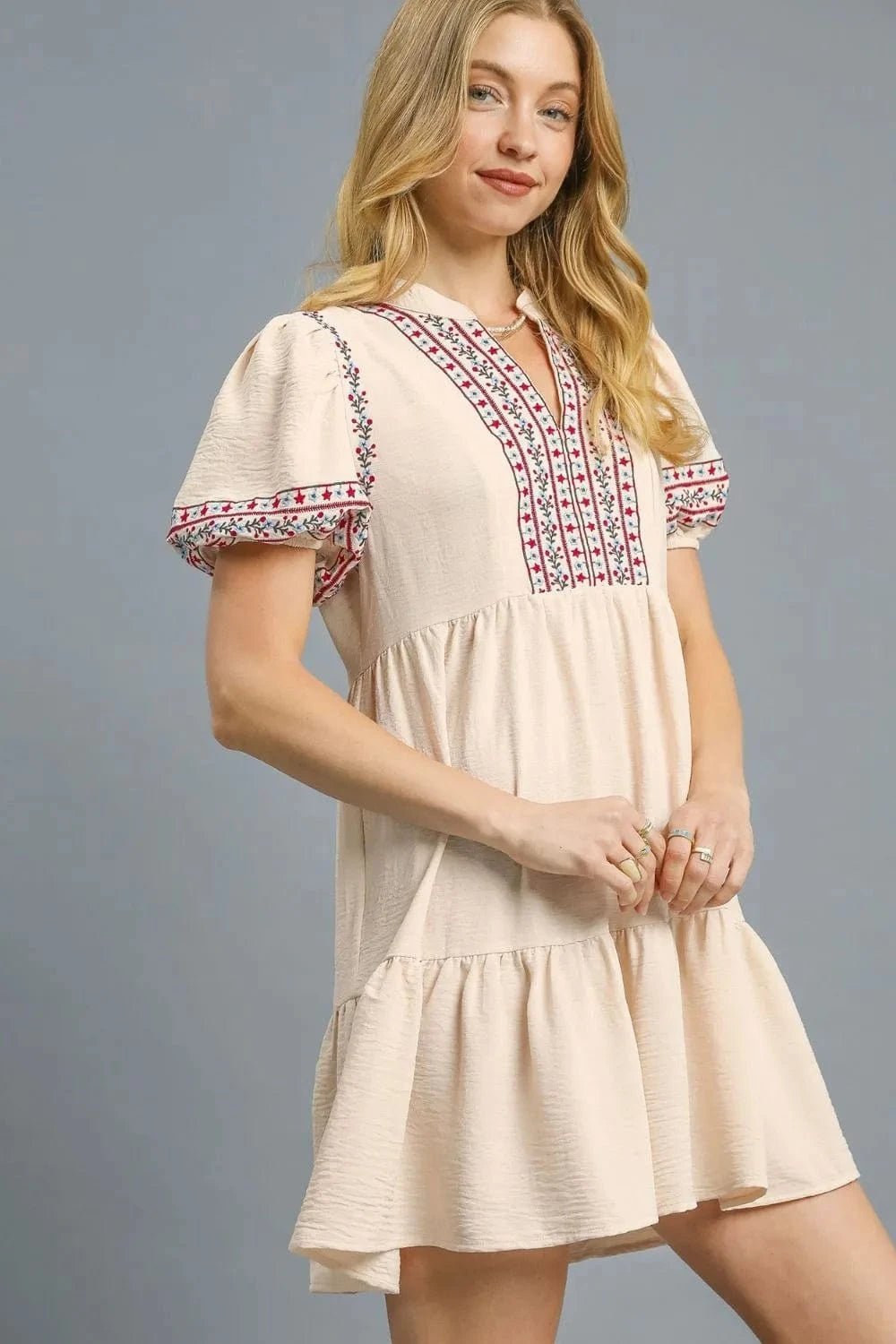 Umgee Mini Dresses Umgee Floral Trim Puff Sleeve Mini Dress