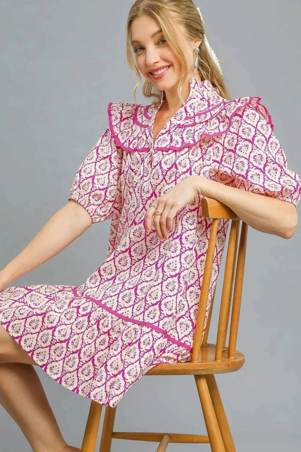 Umgee Mini Dresses Umgee Ruffled Printed Puff Sleeve Mini Dress