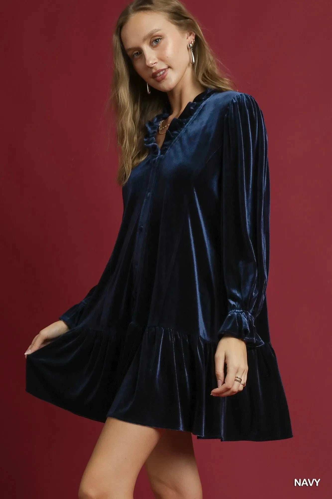 Umgee Mini Dresses Umgee Velvet Ruffle Trim Mini Dress