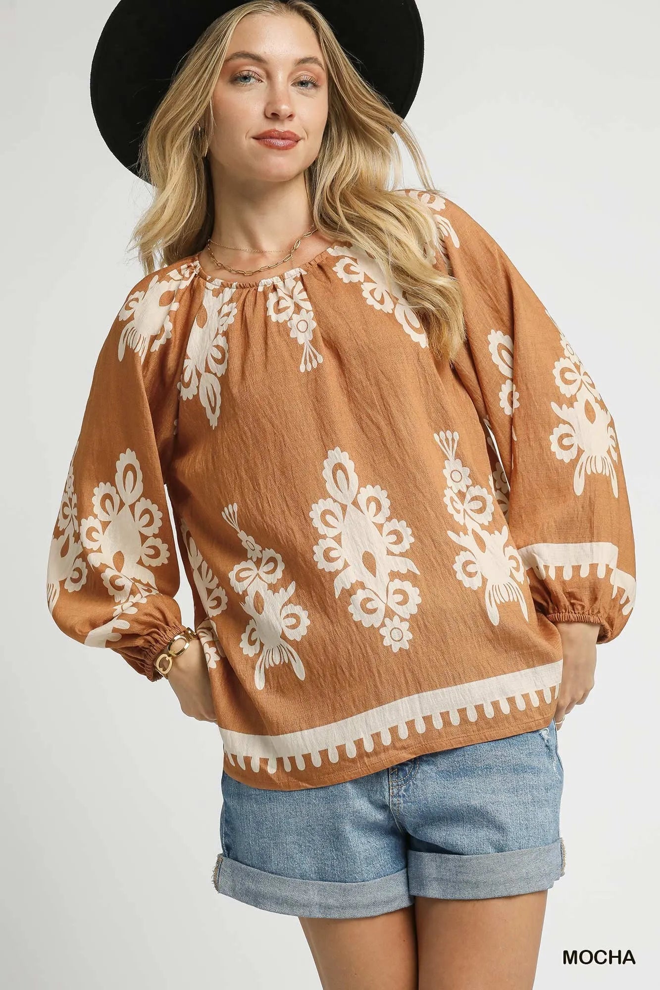 Umgee MOCHA / S Umgee Full Size Two Tone Border Print Top with Balloon Sleeves Plus Size