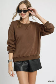 Umgee Mocha / XS Umgee Round Neck Long Sleeve Fleece Sweatshirt