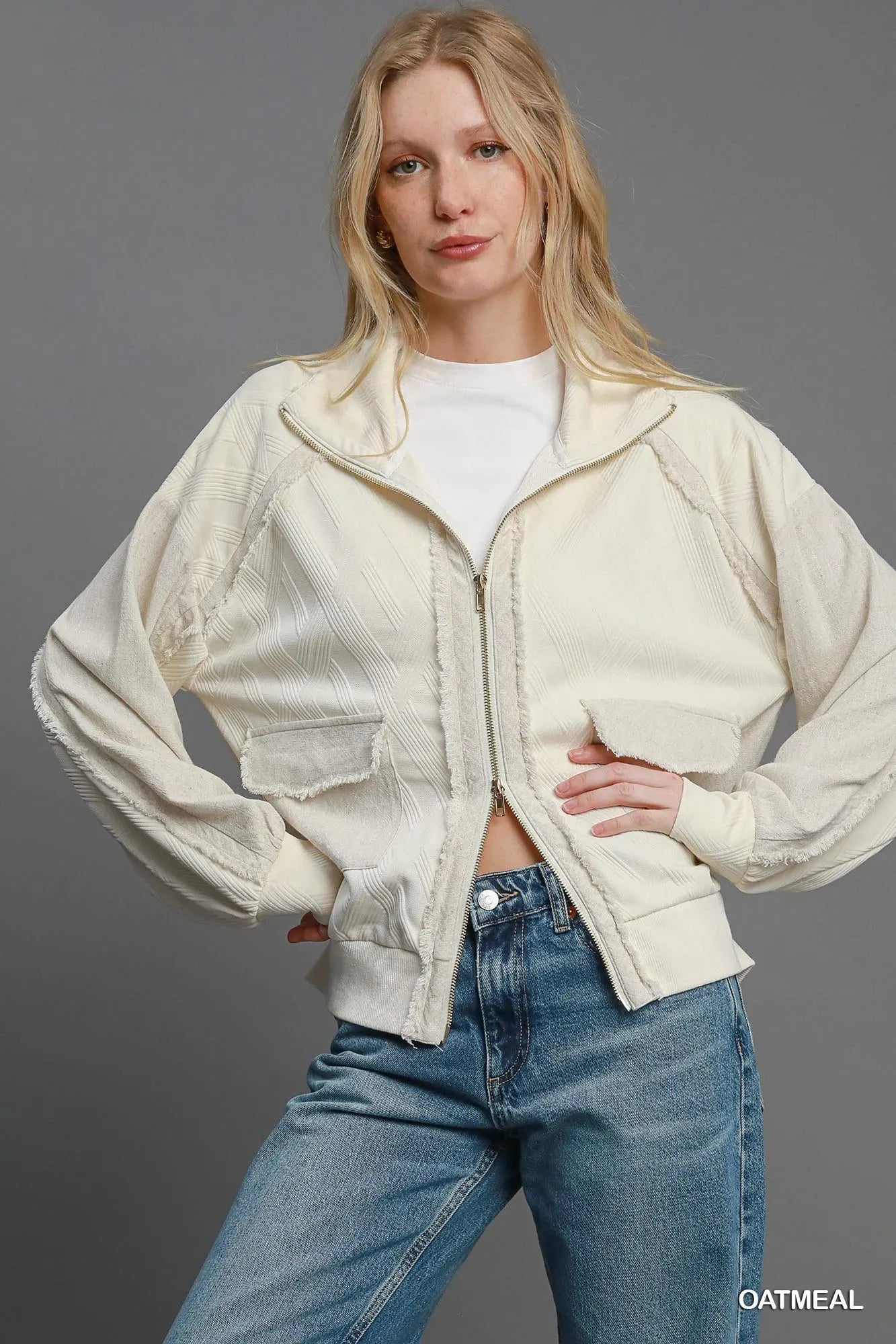 Umgee OATMEAL / S Women’s Jacquard Zip Up Jacket with Linen Blend