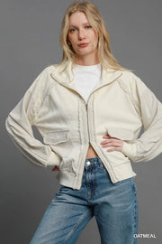 Umgee OATMEAL / S Women’s Jacquard Zip Up Jacket with Linen Blend