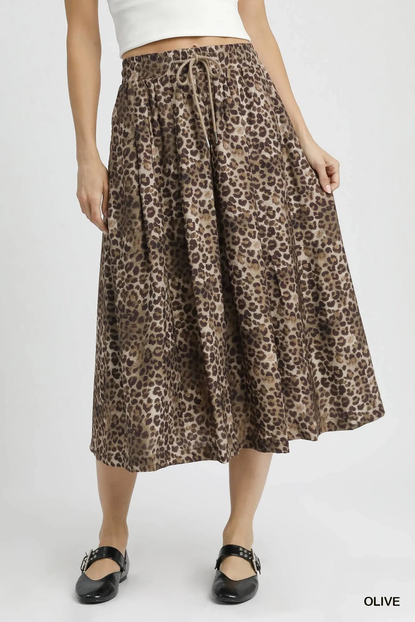 Umgee OLIVE / S Umgee Drawstring Leopard Midi Skirt