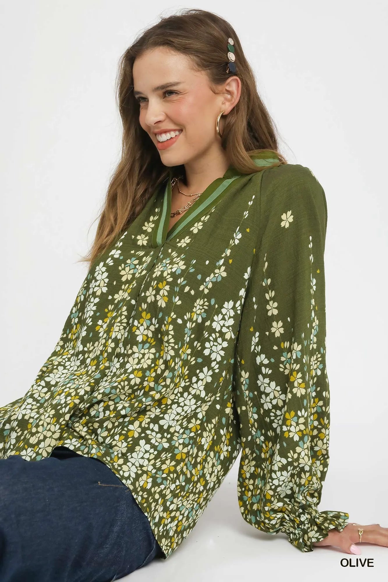 Umgee Olive / S Umgee Floral Vine Print Blouse with Balloon Sleeves