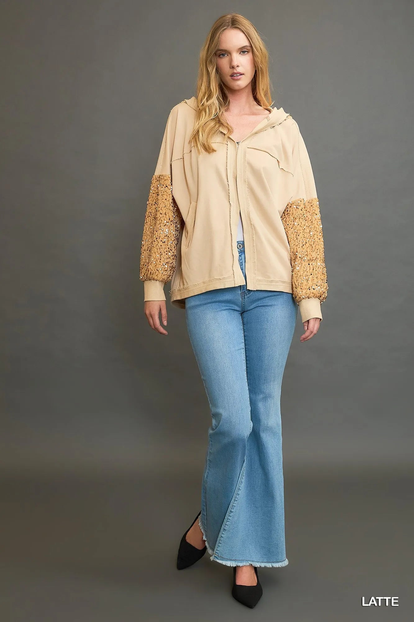 Umgee Oversized Sequined French Terry Jacket with Fringe Details