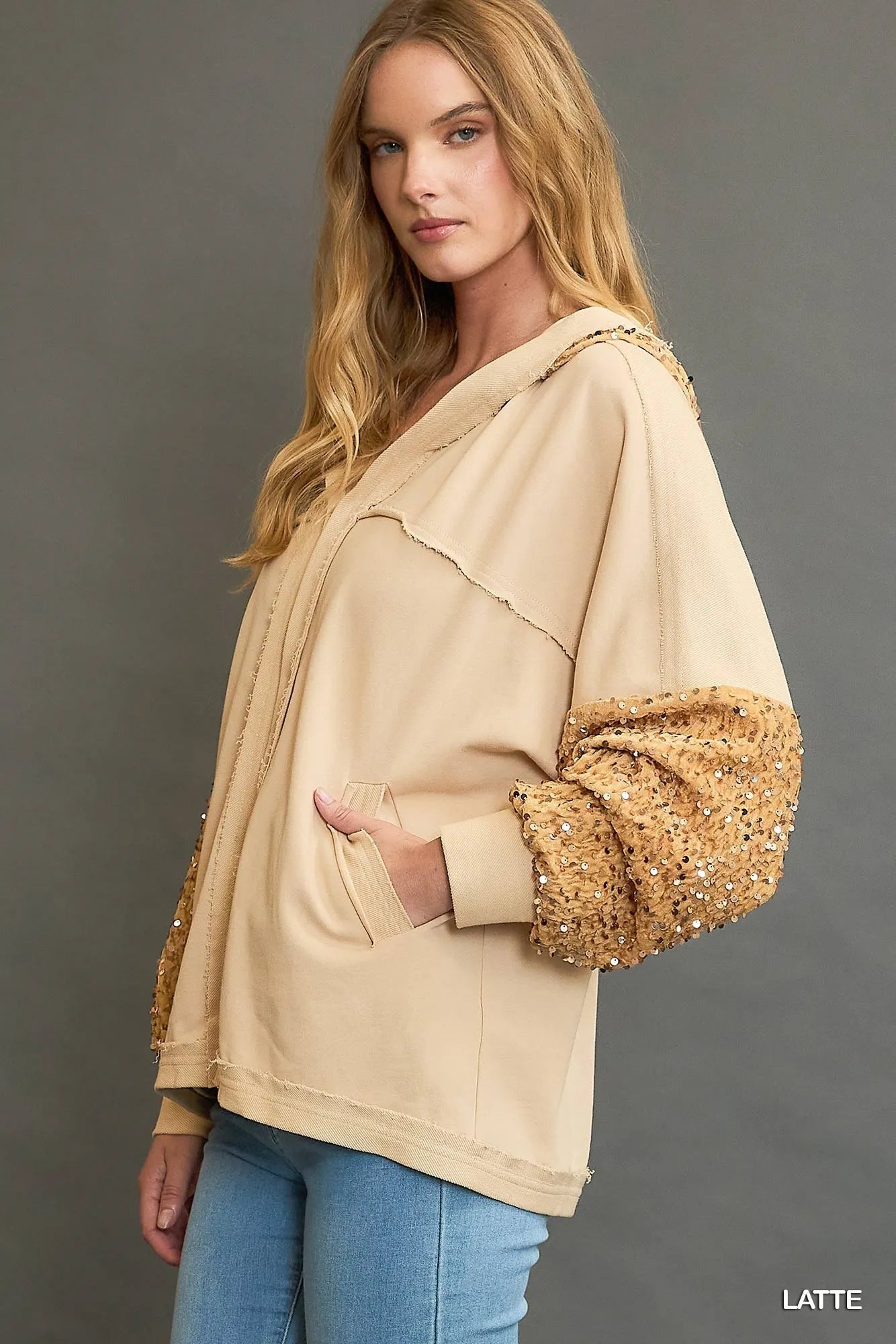 Umgee Oversized Sequined French Terry Jacket with Fringe Details