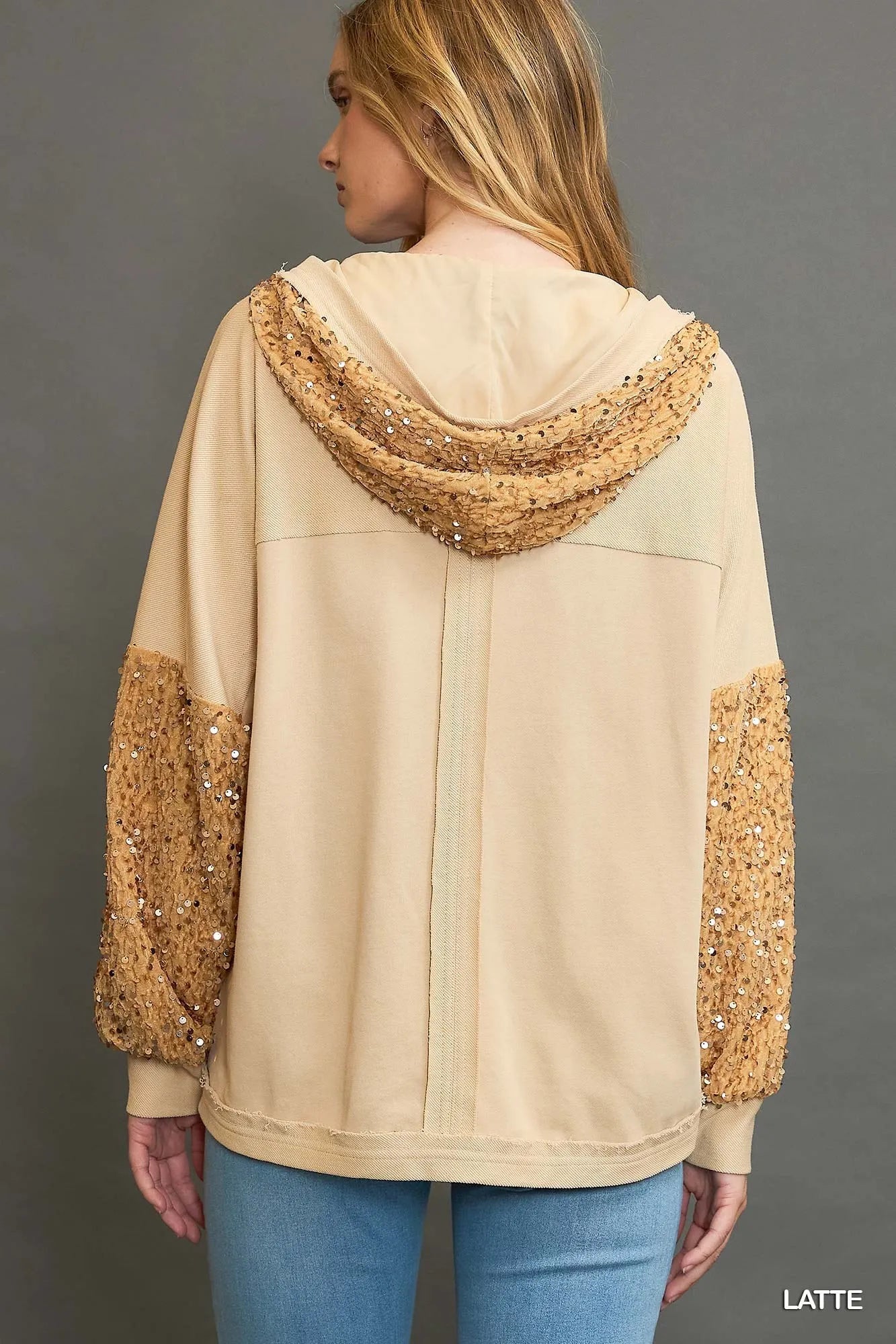 Umgee Oversized Sequined French Terry Jacket with Fringe Details