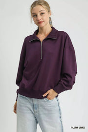 Umgee PLUM-UMG / S Umgee Half Zip Drop Shoulder Sweatshirt