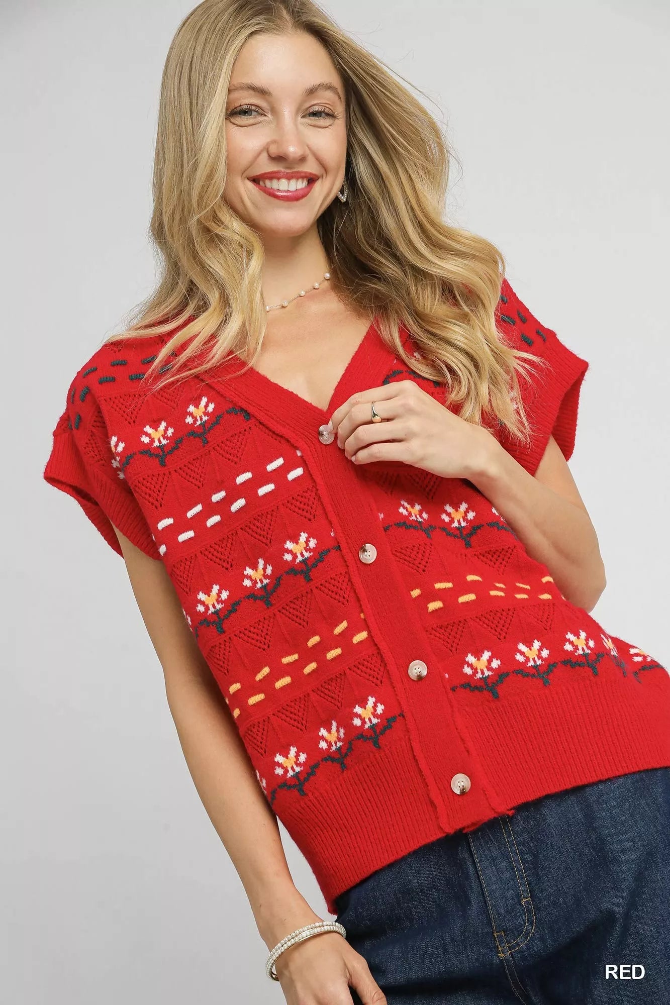 Umgee Red / S Umgee Button-Down Knit Vest with Floral Pattern