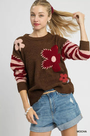 Umgee Sweater Dresses Mocha / S Umgee Flower Jacquard Striped Long Sleeve Sweater