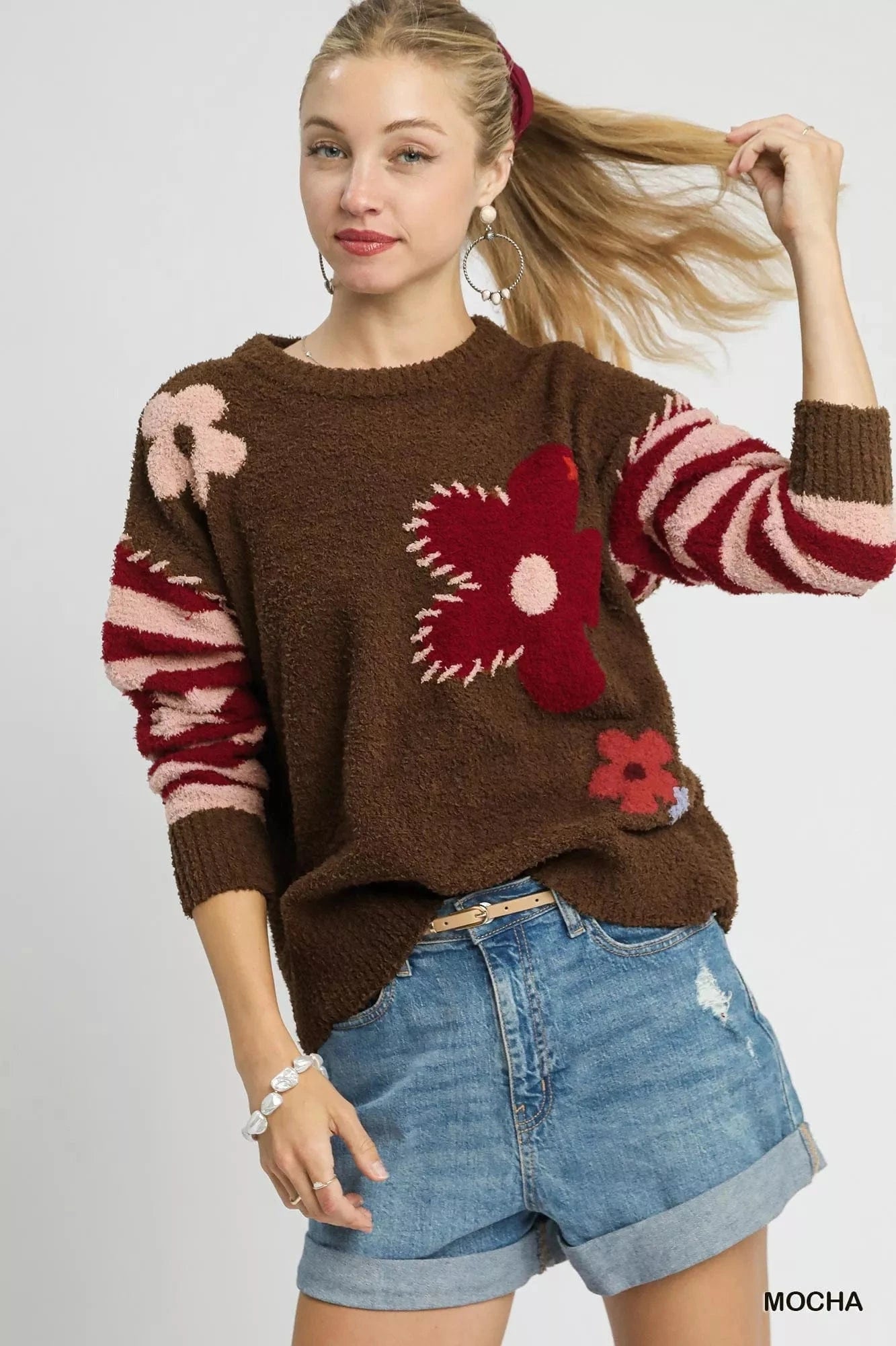Umgee Sweater Dresses Mocha / S Umgee Flower Jacquard Striped Long Sleeve Sweater