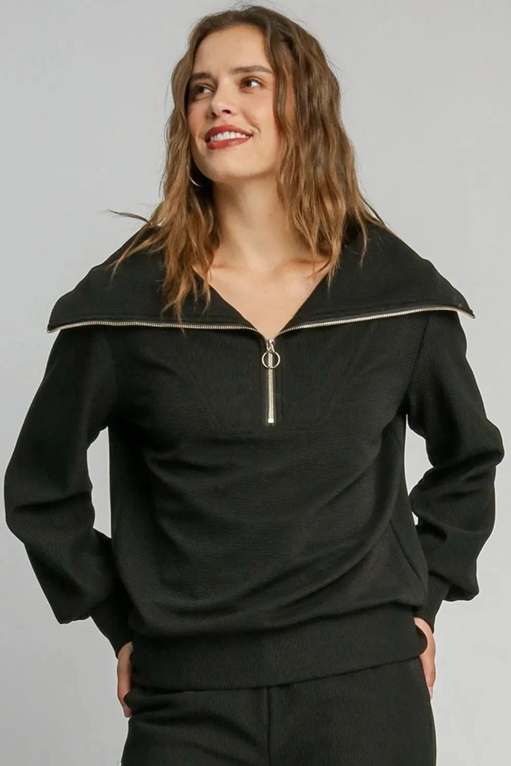 Umgee Sweatshirts & Hoodies Black / S Umgee Full Size Ribbed Knit Half Zipper Sweatshirt Plus Size