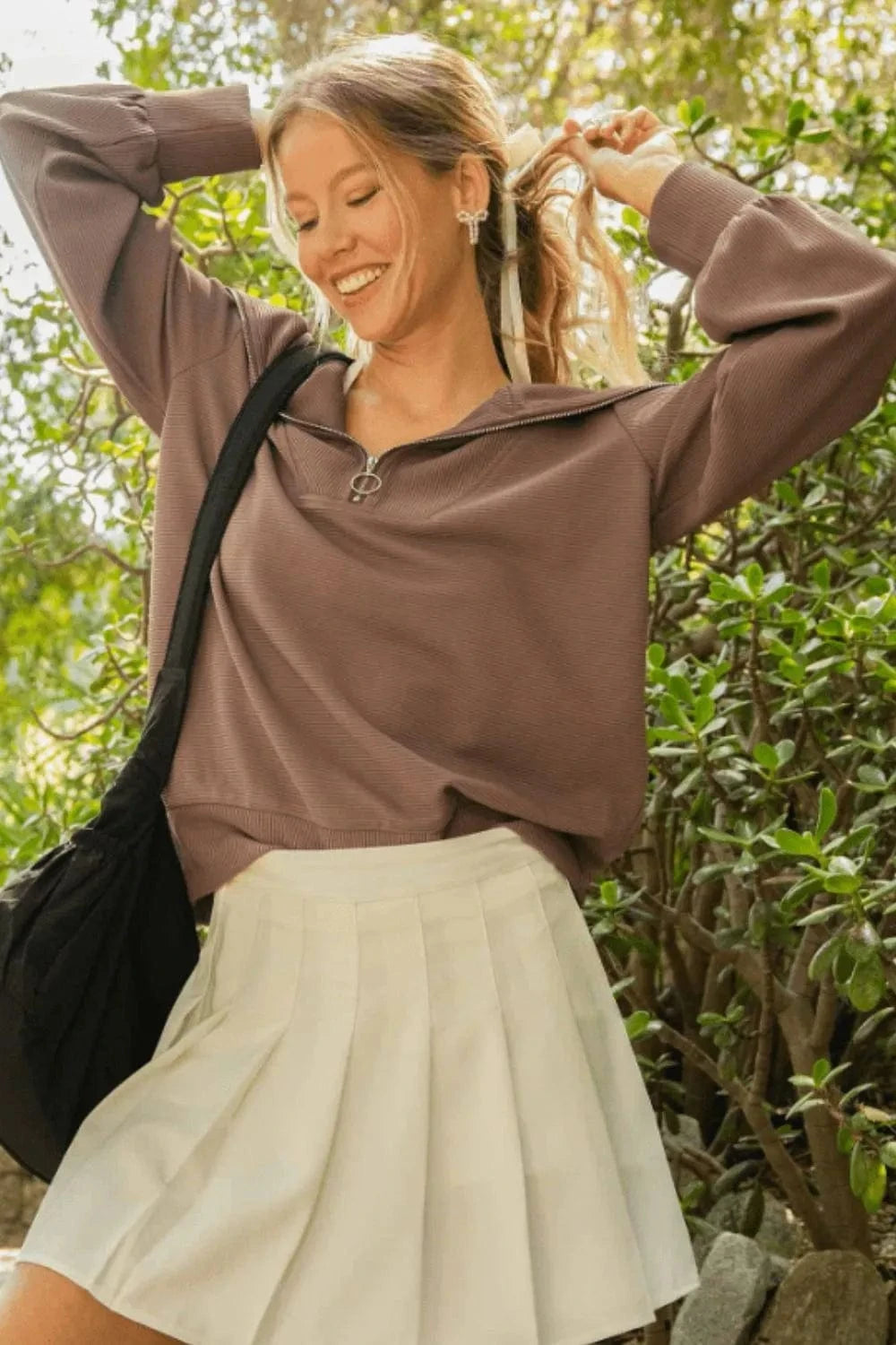 Umgee Sweatshirts & Hoodies Brown / S Umgee Full Size Ribbed Knit Half Zipper Sweatshirt Plus Size