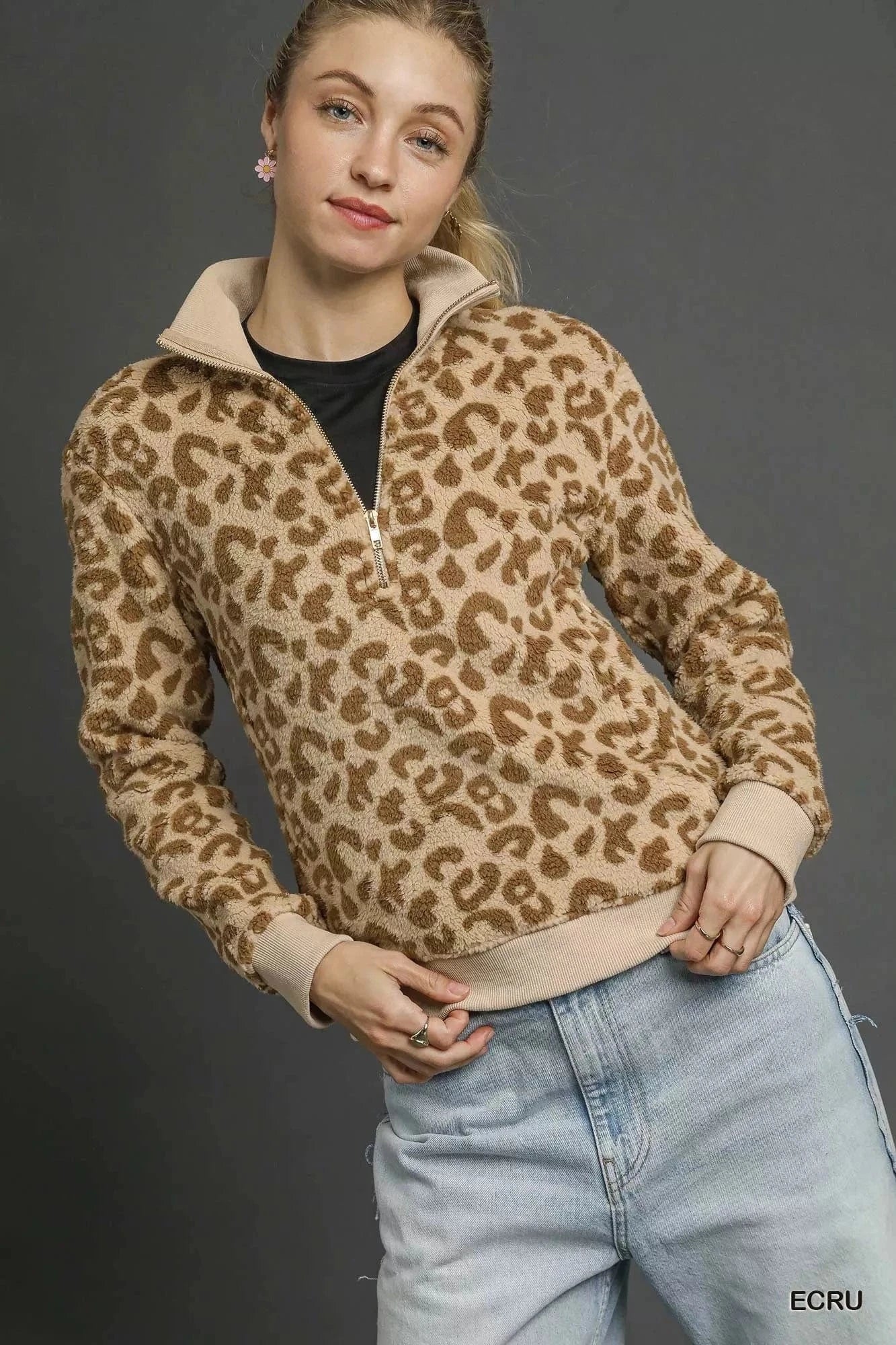 Umgee Sweatshirts & Hoodies ECRU / S Umgee Leopard Print Quarter-Zip Sweatshirt