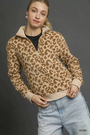 Umgee Sweatshirts & Hoodies ECRU / S Umgee Leopard Print Quarter-Zip Sweatshirt