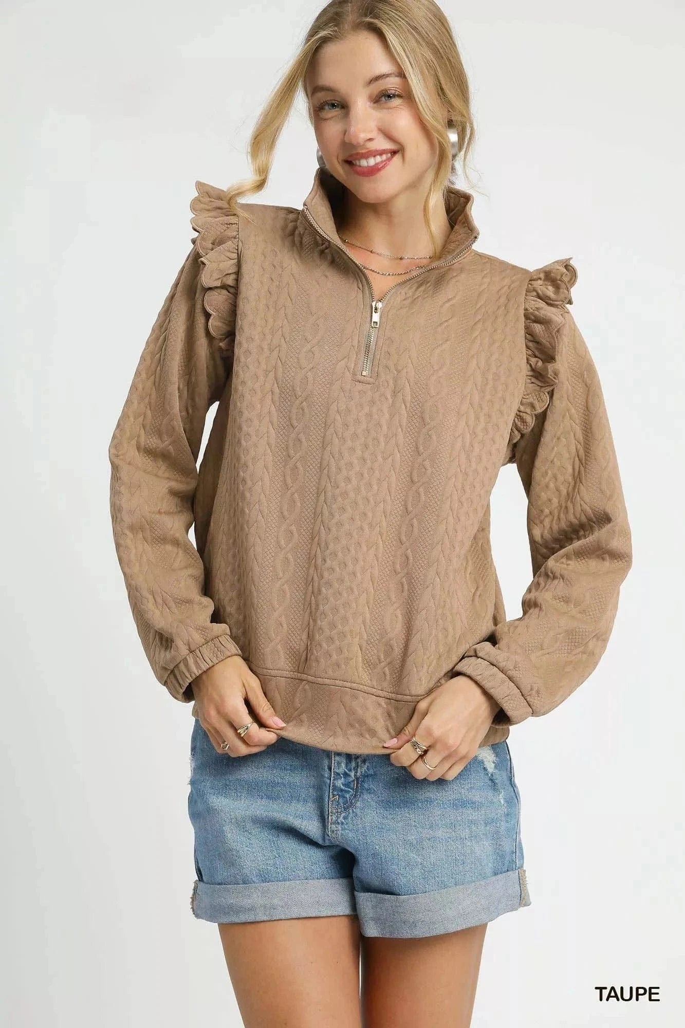 Umgee Sweatshirts & Hoodies Taupe / XS Umgee Cable Knit Textured Pullover with Ruffle Shoulders