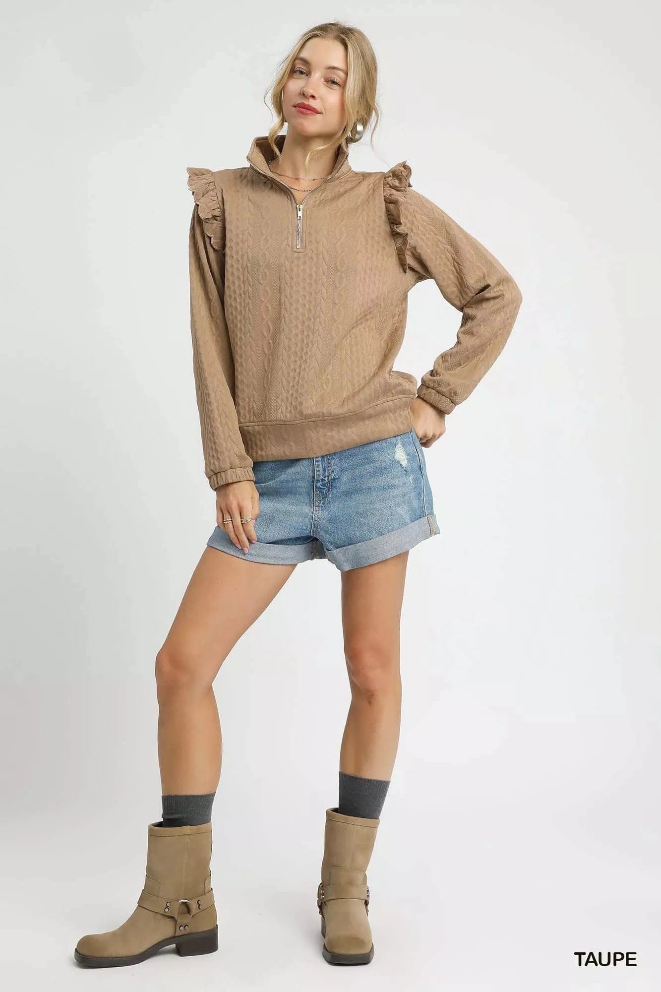 Umgee Sweatshirts & Hoodies Umgee Cable Knit Textured Pullover with Ruffle Shoulders